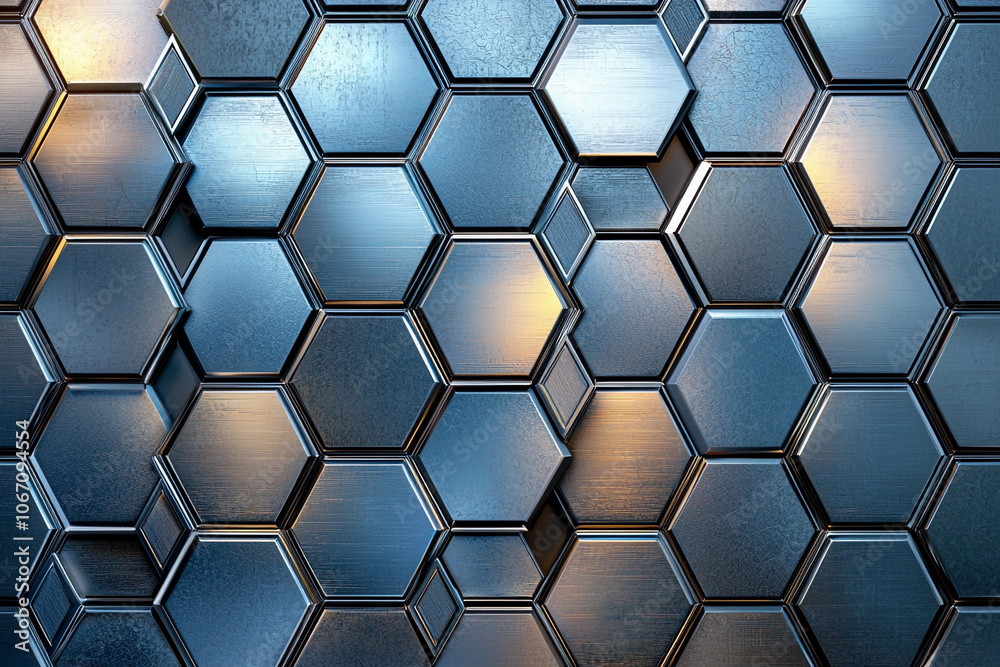 Textured hexagonal metal pattern with reflective surfaces in close-up Textured hexagonal metal pattern with reflective surfaces in close-up