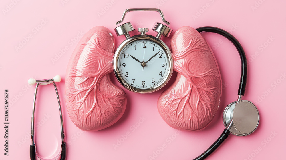 A vibrant illustration featuring a lung symbol, a stethoscope, and an alarm clock set against a soft pink background. A vibrant illustration featuring a lung symbol, a stethoscope, and an alarm clock set against a soft pink background.