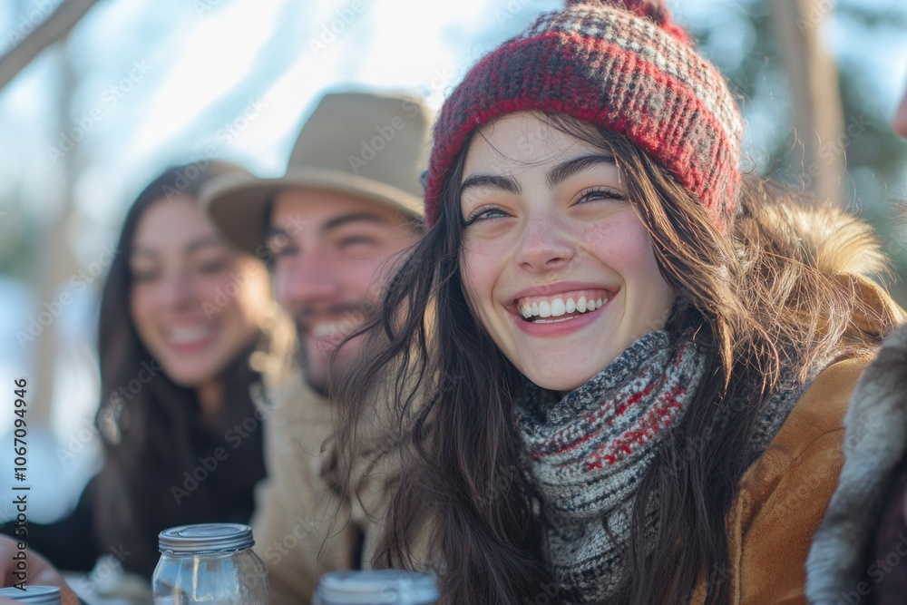 Smiling woman wearing a red hat and scarf sitting at a table Smiling woman wearing a red hat and scarf sitting at a table