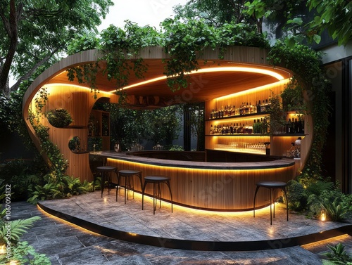 Curved wooden bar counter w...