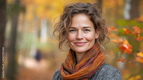 Smiling woman in a cozy scarf enjoys the vibrant autumn foliage in a serene forest setting during golden hour