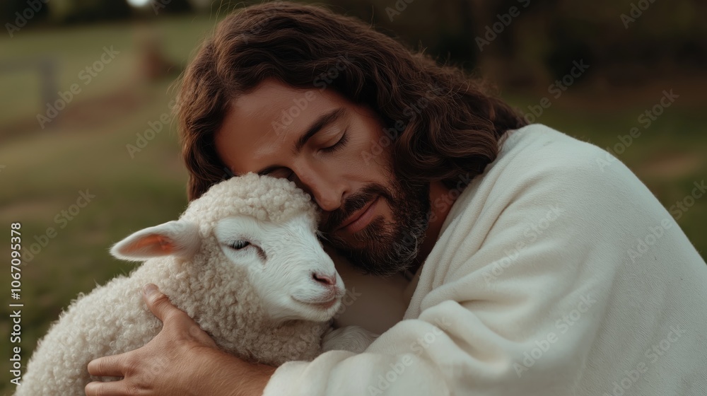 Jesus Christ gently holding a cute lamb with sense of protection and care. The good Shepherd. Jesus Christ gently holding a cute lamb with sense of protection and care. The good Shepherd.