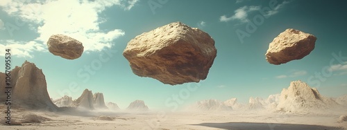 The sky is full of floating rocks, with a desert background in a futuristic style