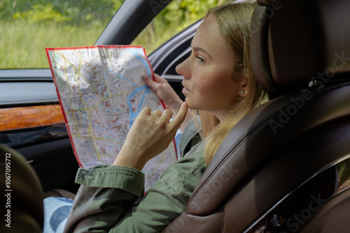 Blonde woman sitting inside the car checking the route on map to get to the destination. Afraid to get lost in forest. Young tourist explore local travel making candid real moments. True emotions photo