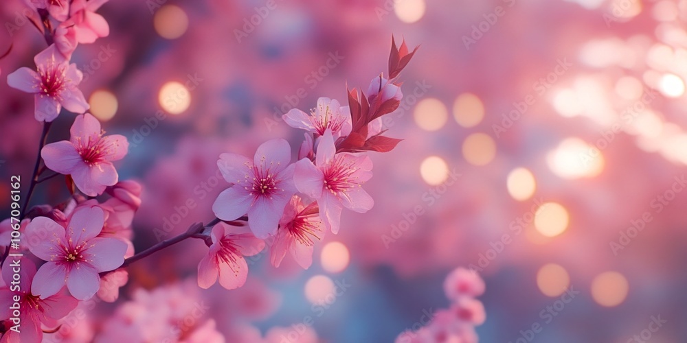 A beautiful close-up of pink cherry blossoms in soft focus. The delicate flowers bloom brightly against a dreamy background of bokeh lights. Perfect for springtime themes. AI A beautiful close-up of pink cherry blossoms in soft focus. The delicate flowers bloom brightly against a dreamy background of bokeh lights. Perfect for springtime themes. AI