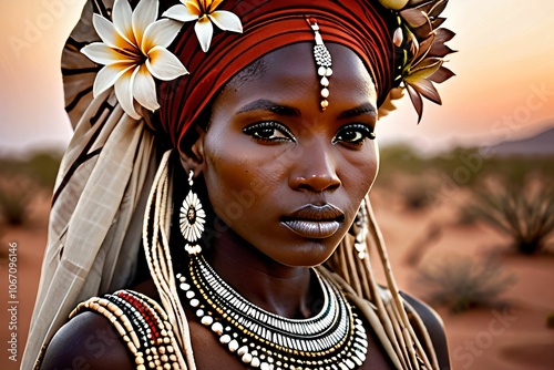 niger tribal woman with smooth facial features, light colors, natural stones