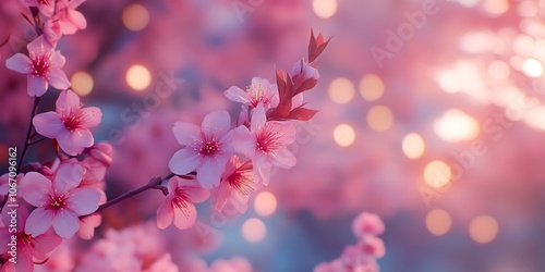 A beautiful close-up of pink cherry blossoms in soft focus. The delicate flowers bloom brightly against a dreamy background of bokeh lights. Perfect for springtime themes. AI