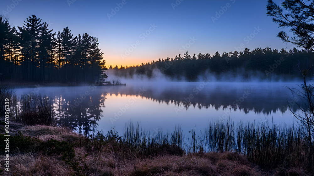 Misty sunrise over a tranquil lake with tall trees lining the shore. Misty sunrise over a tranquil lake with tall trees lining the shore.