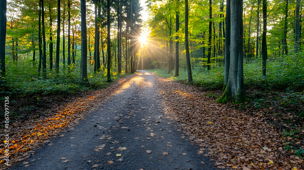 Fototapeta premium Sun rays illuminating a path through an autumnal forest.