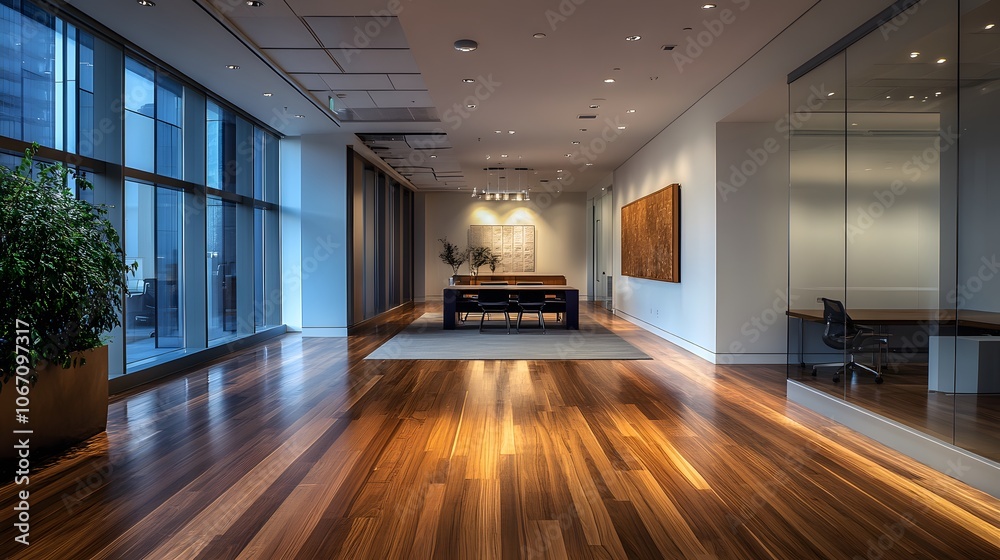 Clean modern office space with wooden deck flooring Clean modern office space with wooden deck flooring