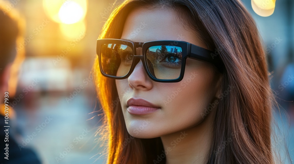 a woman using black framed smart glasses 