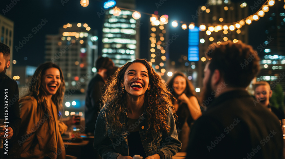 Fototapeta premium Happy friends laughing on a rooftop at night with city lights in the background