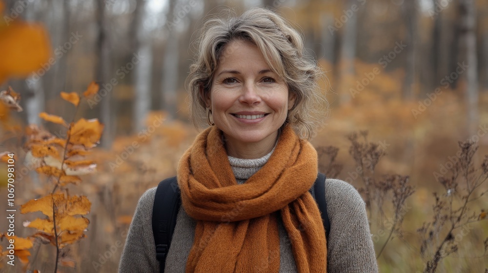 A joyful woman enjoying an autumn walk surrounded by vibrant fall foliage in a tranquil forest setting A joyful woman enjoying an autumn walk surrounded by vibrant fall foliage in a tranquil forest setting