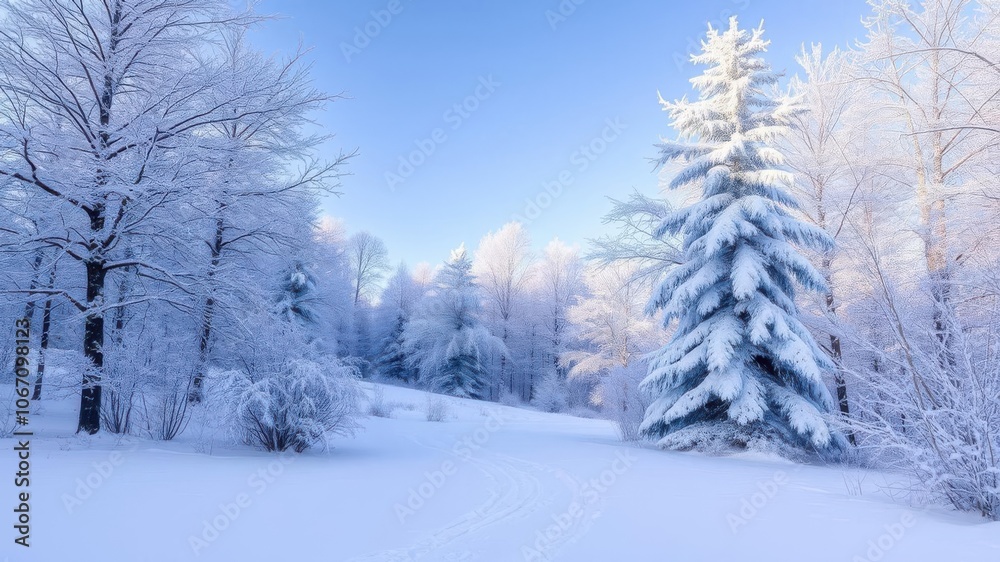 Obraz premium Winter landscape with fresh snow covering trees and ground, outdoors, beautiful