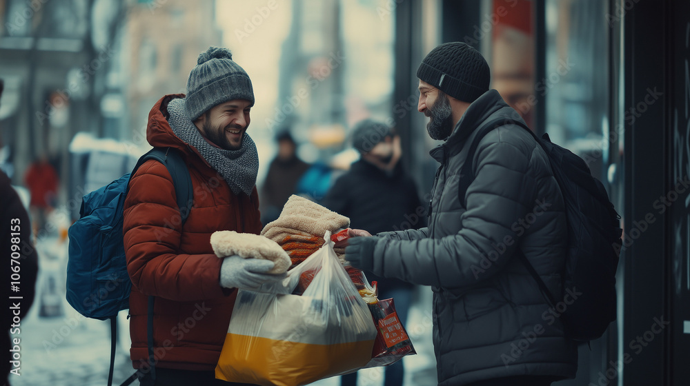 Two Men Exchanging Goods on a Snowy Day in the City Two Men Exchanging Goods on a Snowy Day in the City
