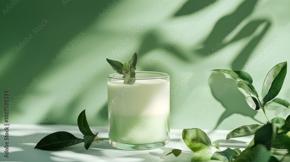 Glass of fresh green smoothie with herb garnish in natural light