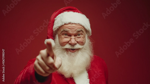 Santa Claus in a suit on a red background points with his index finger.