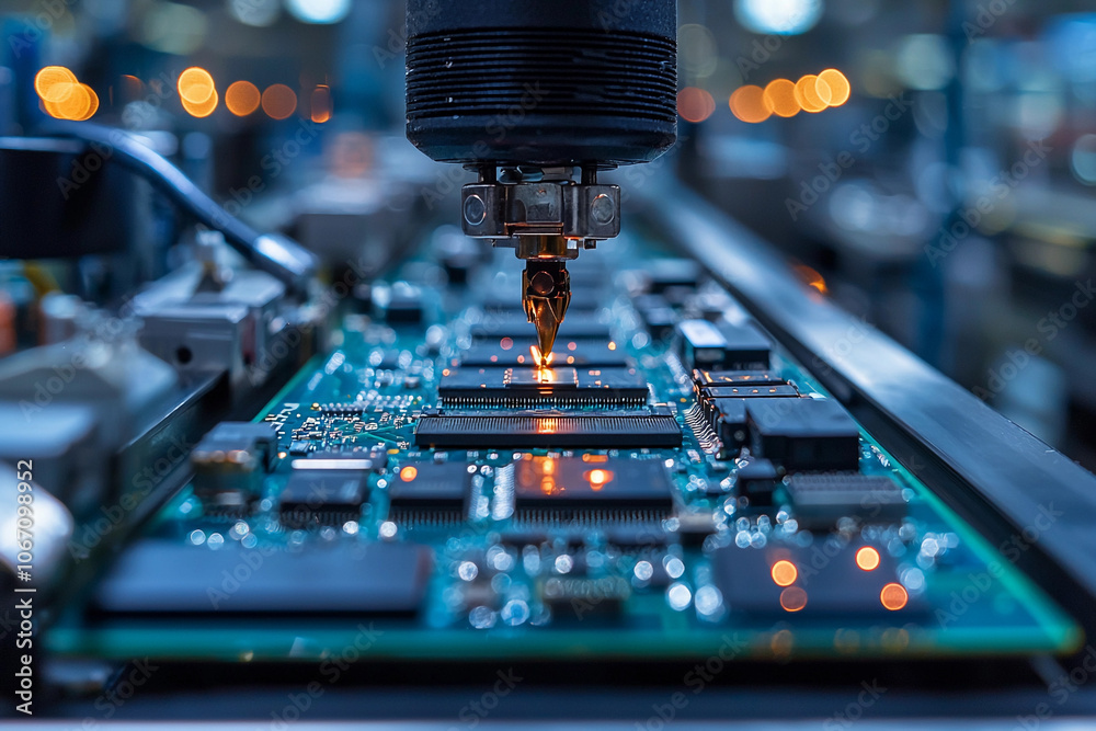 Nighttime circuit board soldering in electronics factory
