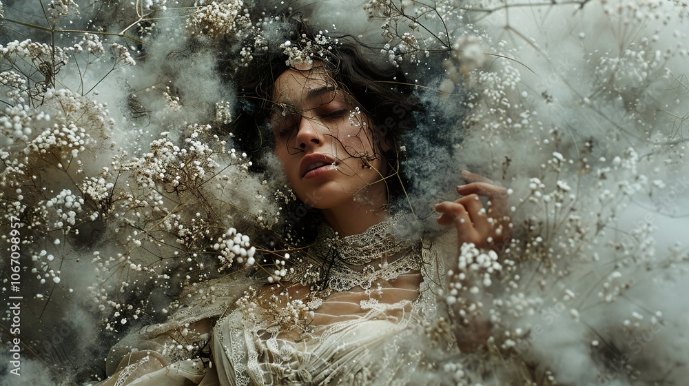 Fototapeta premium Dreamy Portrait of a Woman Surrounded by Delicate White Flowers