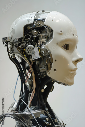 This image depicts a sophisticated humanoid robot, showcasing various visible mechanical components in a futuristic design emphasizing technology and innovation.