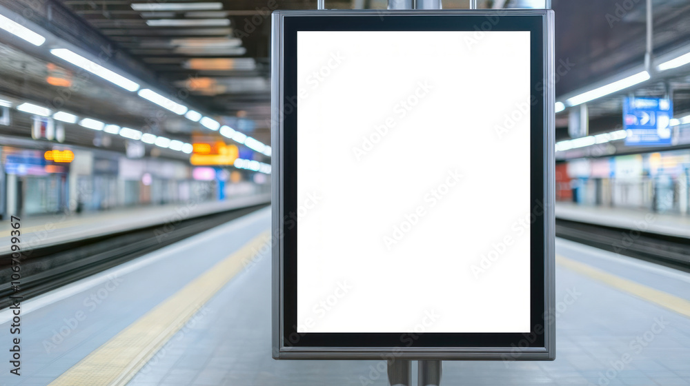 Blank advertising board at a railway station, empty space for design, modern urban setting. Blank advertising board at a railway station, empty space for design, modern urban setting.