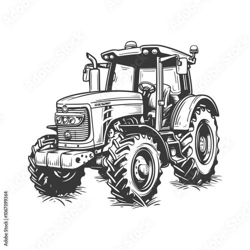 Black and White Illustration of a Farm Tractor