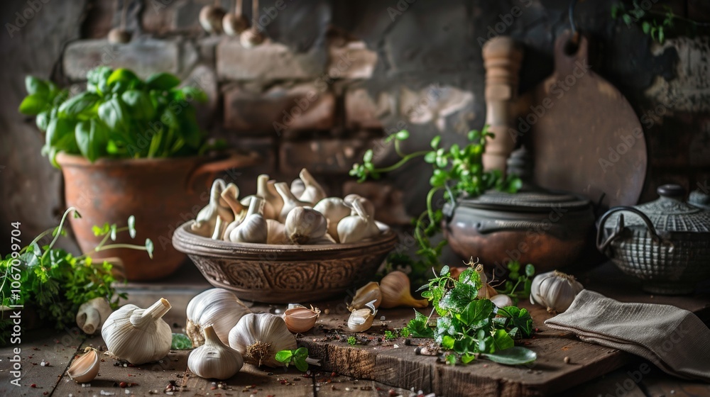 Rustic kitchen scene with garlic and fresh herbs Rustic kitchen scene with garlic and fresh herbs