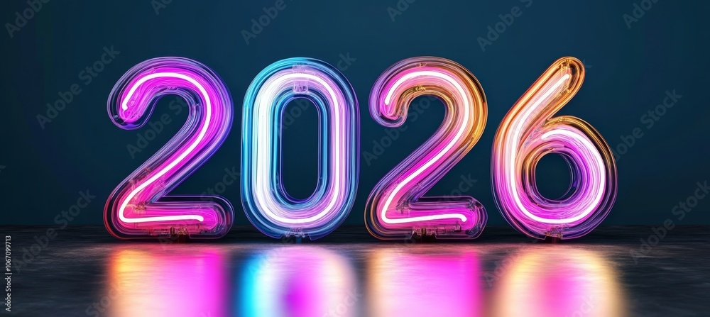 Neon Sign 2026 Against a Dark Blue Wall, Reflecting Vibrant Light, New Year 2026 Concept Neon Sign 2026 Against a Dark Blue Wall, Reflecting Vibrant Light, New Year 2026 Concept