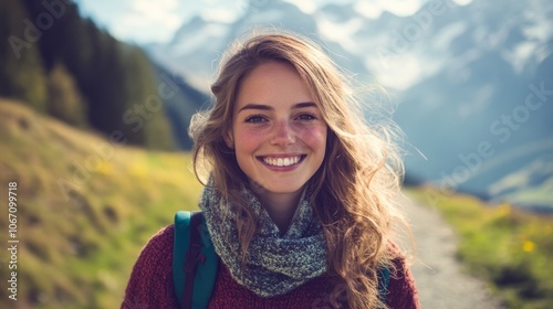 beautiful woman hiking in the Alps, smiling brightly.