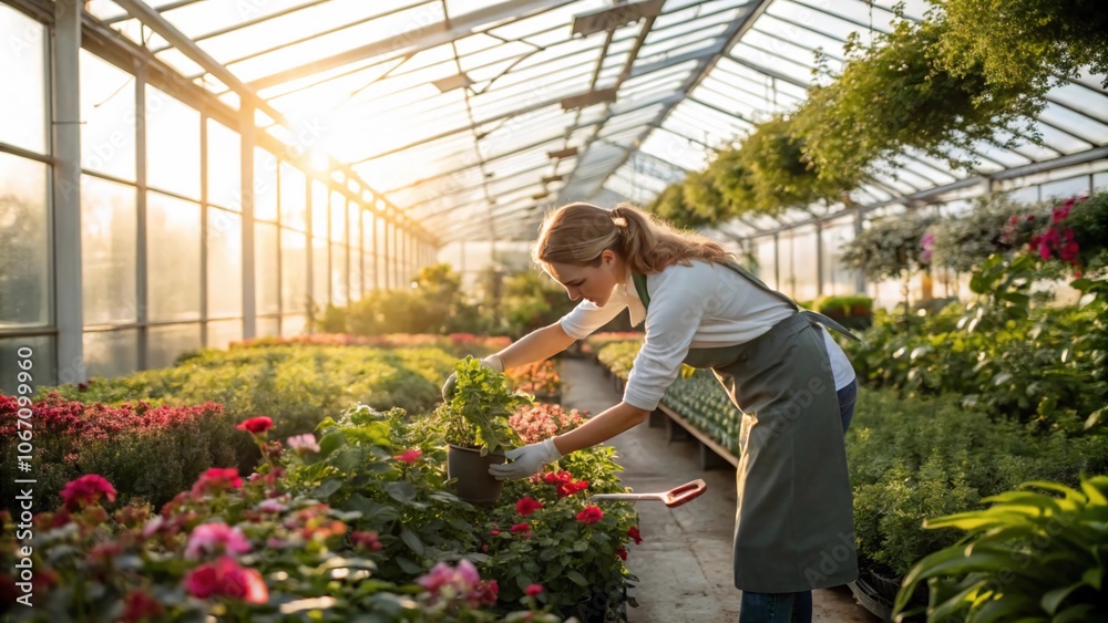 A florist woman tending to her plants in a sunlit greenhouse A florist woman tending to her plants in a sunlit greenhouse
