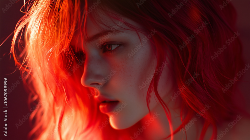 Fototapeta premium Kobieta z miedzianymi włosami, delikatnie podświetlonymi, tworzy efektowny i zmysłowy portret.