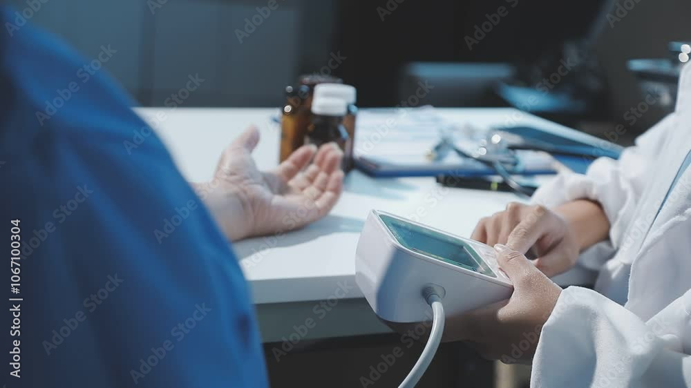 Doctor using stethoscope take a tap on the patient's arm and pressing pressure gauge button. Doctor using stethoscope take a tap on the patient's arm and pressing pressure gauge button.