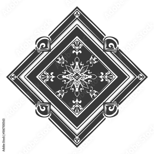 Black and white diamond shaped design with floral details