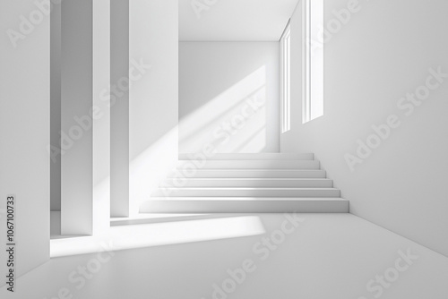 Bright minimalist interior with stairs and natural sunlight streaming