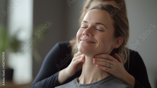 chiropractor or manual therapist doing neck stretch massage to relaxed female patient in clinic