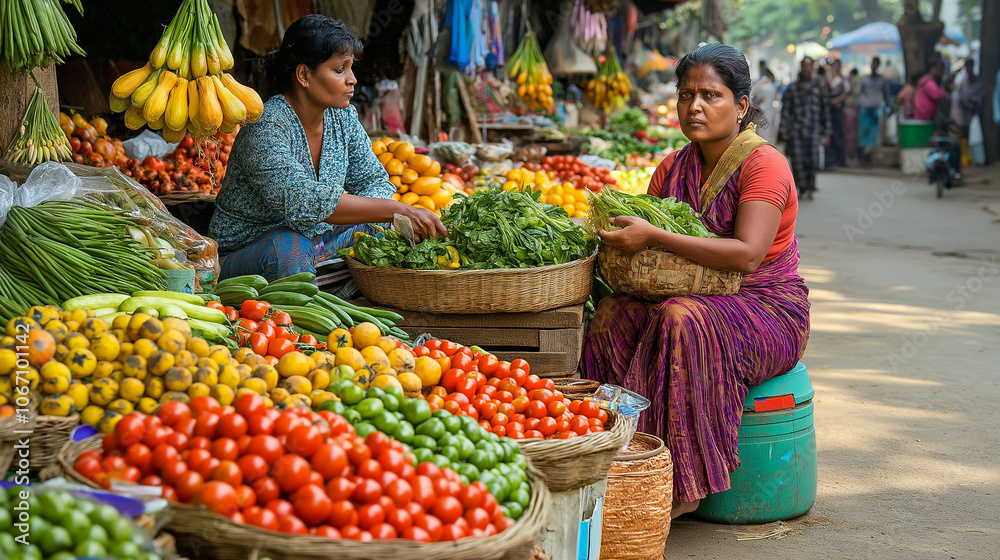 Indian Women Selling Produce at a Market Stall Indian Women Selling Produce at a Market Stall