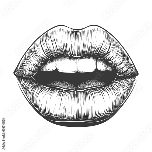 Black and White Hand Drawn Illustration of a Mouth with Open Lips and Teeth