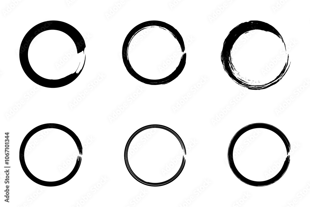 Collection of black paint circle brush strokes representing the Zen enso, a Buddhist symbol. Features rough circular frames and doodle-style chalk elements. Collection of black paint circle brush strokes representing the Zen enso, a Buddhist symbol. Features rough circular frames and doodle-style chalk elements.