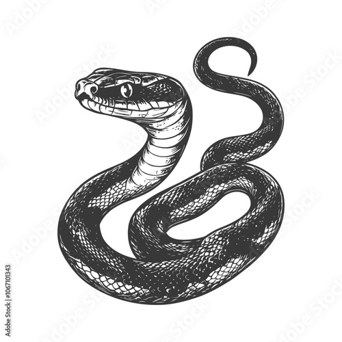 Black and White Hand Drawn Illustration of a Snake Coiled with a Curved Tail and Head Raised