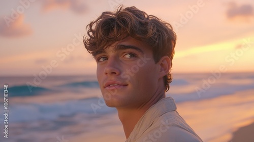 A young man gazes thoughtfully at the ocean during a serene sunset on a tranquil beach in summer, capturing a moment of reflection and beauty