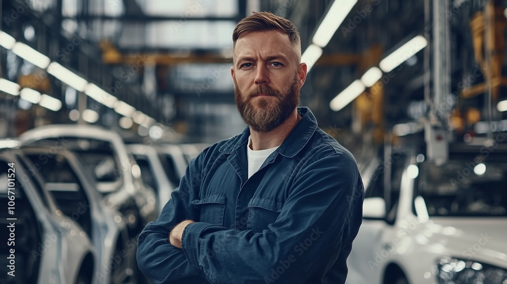 Mężczyzna z branży motoryzacyjnej pozuje w fabryce samochodów, z linią montażową w tle. Mężczyzna z branży motoryzacyjnej pozuje w fabryce samochodów, z linią montażową w tle.