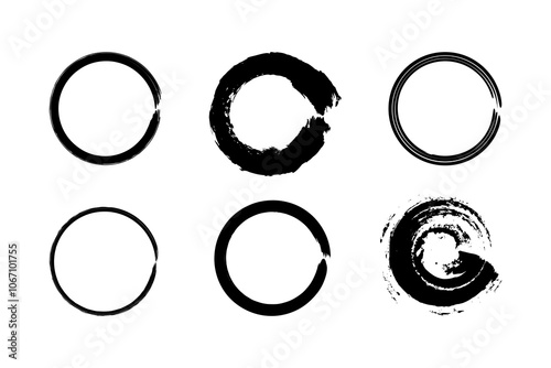Set of black paint circle brush strokes representing the Zen enso from Japanese calligraphy. Features rough borders and grainy chalk texture.