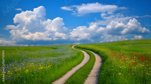 A winding dirt road leads through a field of wildflowers under a bright blue sky with fluffy clouds.