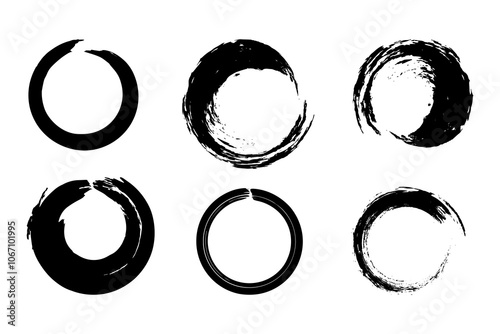 Set of hand-drawn circle ink strokes showcasing the Zen enso, a Buddhist symbol. Features rough circular frames and grainy textures.