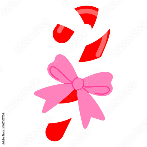 red and white sugar cane candy with pink bow illustration