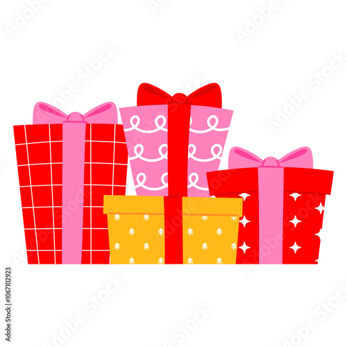 a group of yellow, pink and red christmas gift illustration