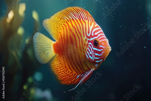 Vibrant discus fish swimming in freshwater aquarium