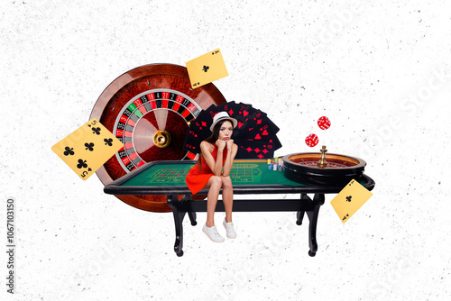 Composite trend artwork sketch image photo collage of casino betting chip blackjack jackpot miniature young lady sad loss money sit board photo