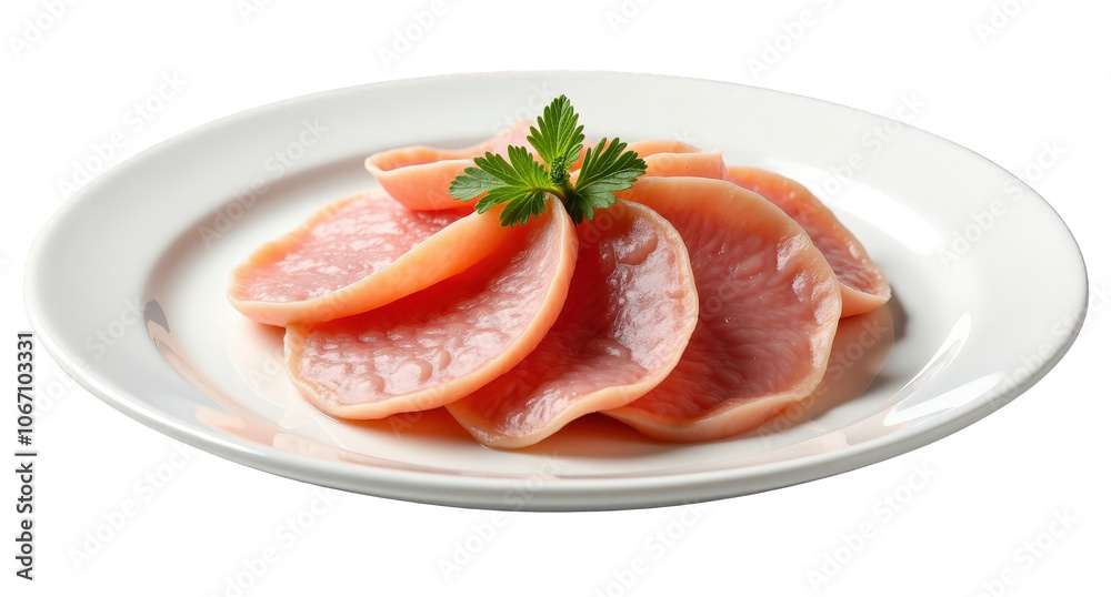 Ultra-realistic top view of Vitello Tonnato on a plain transparent background. Slices of veal with tuna sauce, clear contours, no shadows. Ideal for showcasing Italian cold dishes. Ultra-realistic top view of Vitello Tonnato on a plain transparent background. Slices of veal with tuna sauce, clear contours, no shadows. Ideal for showcasing Italian cold dishes.