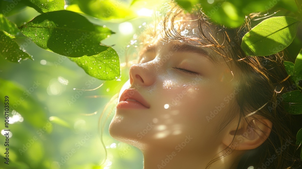 A serene moment of a young woman immersed in nature\'s tranquility, surrounded by lush greenery and sunlight filtering through leaves